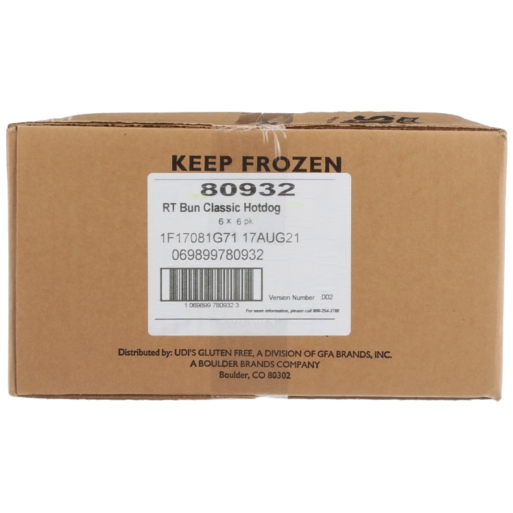 UDI'S CLASSIC HOT DOG BUN GLUTEN FREE 6/6/2.2OZ FROZEN