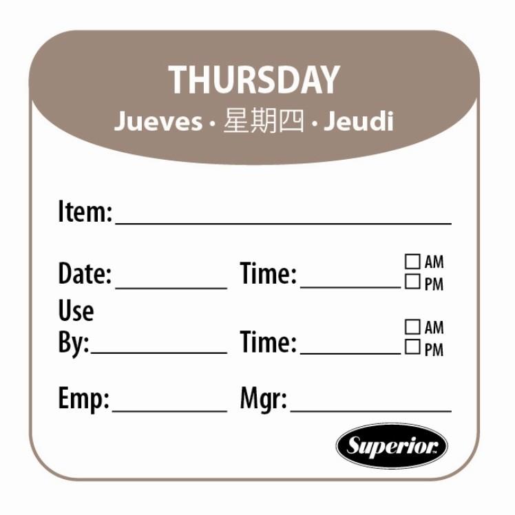 Superior Products Thursday Label 2x2 Dissolvable 250 Multilingual Roll Gray