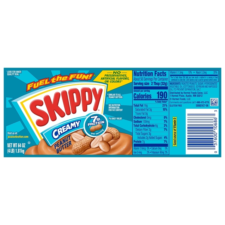 SKIPPY PEANUT BUTTER CREAMY PLASTIC JAR
