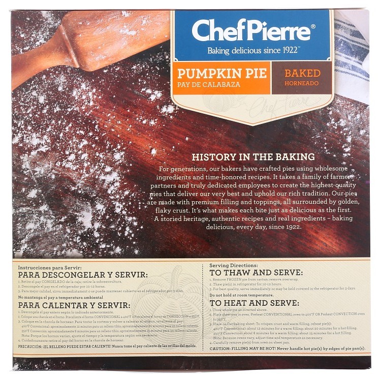 CHEF PIERRE TRADITIONAL PUMPKIN PIE PRE-BAKED 10 INCHES UNSLICED