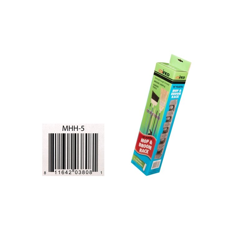 WINCO RACK, UTILITY MOP BROOM 5 CLIP 6 HOOK PLASTIC HOLDER
