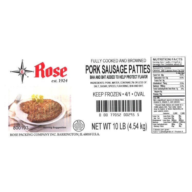 ROSE PORK SAUSAGE PATTY OVAL COOKED 4 OZ 800193