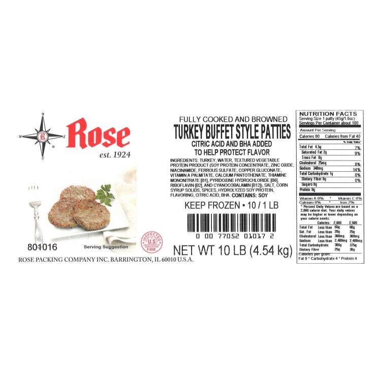 ROSE FULLY COOKED TURKEY SAUSAGE PATTY 1.6 OZ 801016