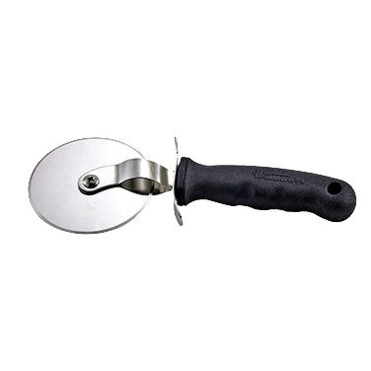 WINCO PIZZA CUTTER 4 INCH STAINLESS STEEL BLACK SOFT GRIP HANDLE ROUND
