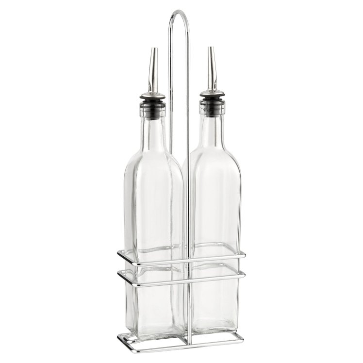 WINWARE 16OZ GLASS BOTTLE 2 EACH WITH CHROME RACK CRUET SET