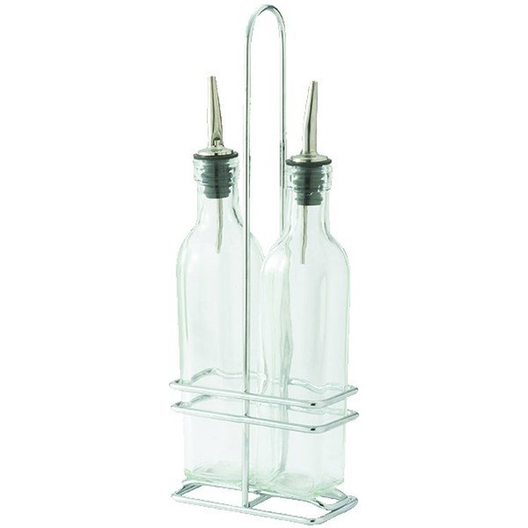 WINWARE 16OZ GLASS BOTTLE 2 EACH WITH CHROME RACK CRUET SET