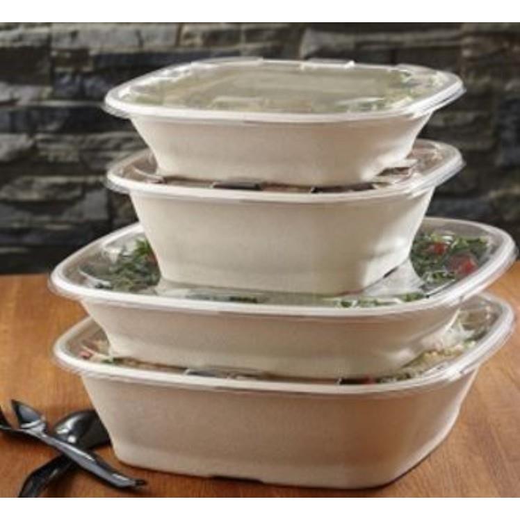 SABERT 120 OZ NATURAL SQUARE PULP BOWL W/ RECYCLABLE PLASTIC LID