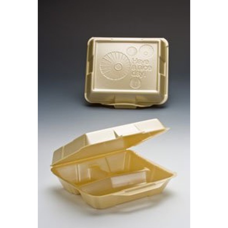 Genpak Foam Container 8x8 Inch 3 compartment White Snap It Double Lock Hinged Lid 3 Inch Height