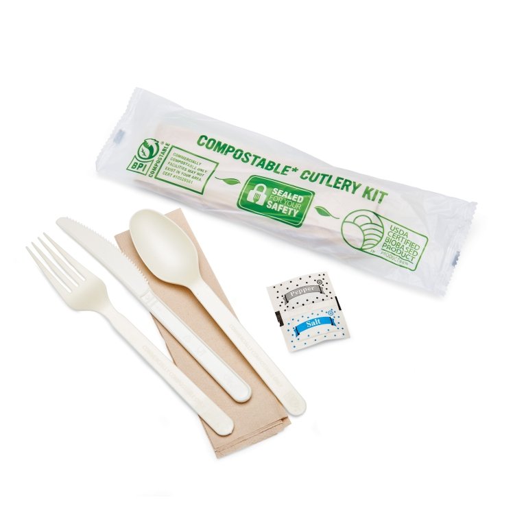 MONOGRAM KNIFE-FORK-SPOON NAPKIN SALT & PEPPER COMPOSTABLE CUTLERY KIT