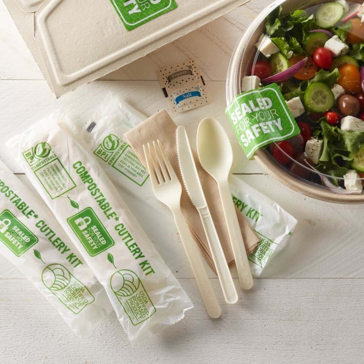MONOGRAM KNIFE-FORK-SPOON NAPKIN SALT & PEPPER COMPOSTABLE CUTLERY KIT