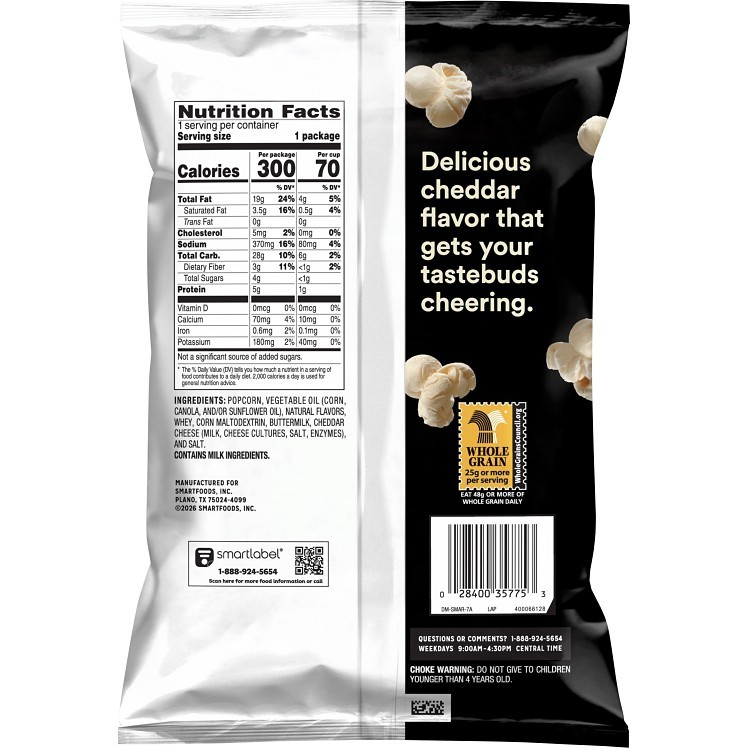 SMARTFOOD POPCORN WHITE CHEDDAR COOKED