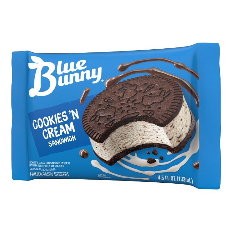 BLUE BUNNY COOKIES AND CREAM ICE CREAM SANDWICH INDIVIDUALLY WRAPPED