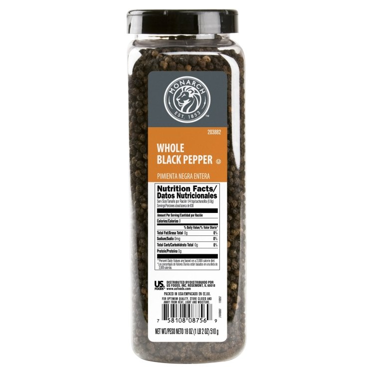 MONARCH SPICE BLACK PEPPER WHOLE PLASTIC SHAKER