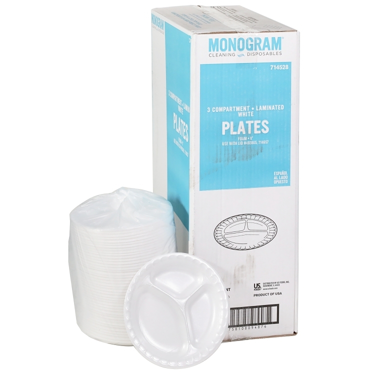 MONOGRAM 9IN 3 COMPARTMENT WHITE LAMINATED FOAM PLATES