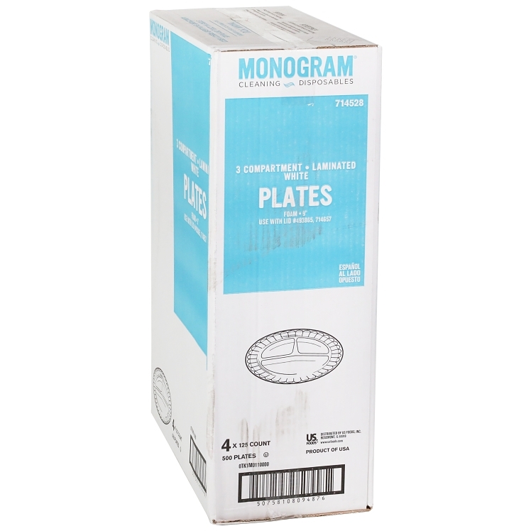 MONOGRAM 9IN 3 COMPARTMENT WHITE LAMINATED FOAM PLATES