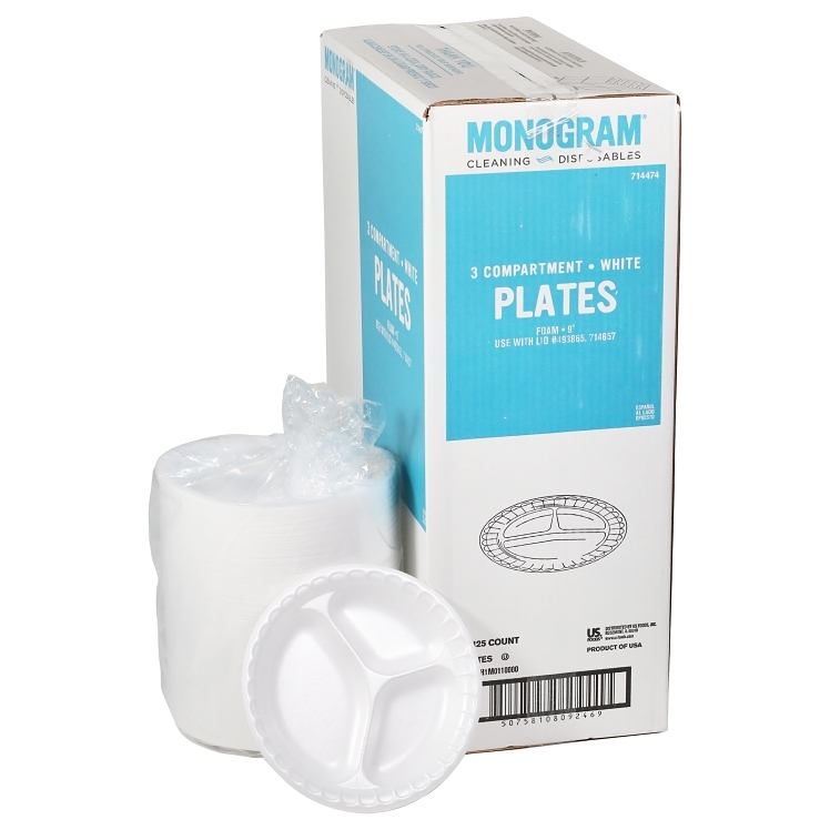 MONOGRAM PLATE FOAM 9 INCH 3 COMPARTMENT WHITE