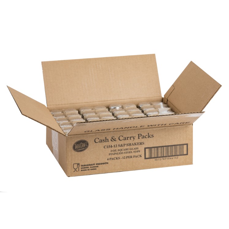 TABLECRAFT SHAKER SALT & PEPPER 2 OUNCE GLASS CLEAR SQUARE STAINLESS STEEL