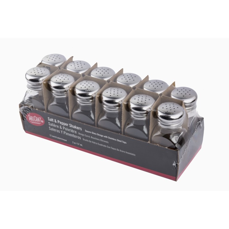 TABLECRAFT SHAKER SALT & PEPPER 2 OUNCE GLASS CLEAR SQUARE STAINLESS STEEL