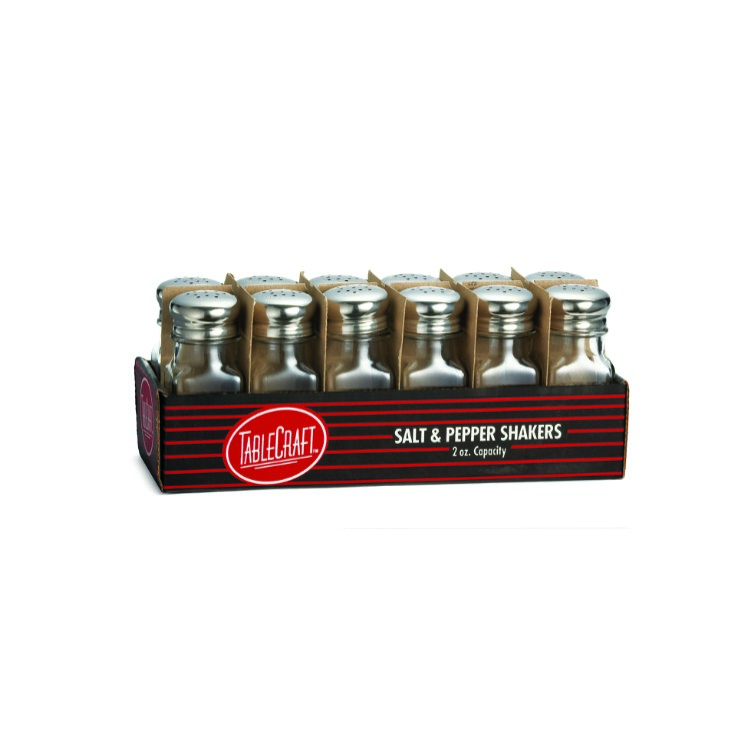 TABLECRAFT SHAKER SALT & PEPPER 2 OUNCE GLASS CLEAR SQUARE STAINLESS STEEL