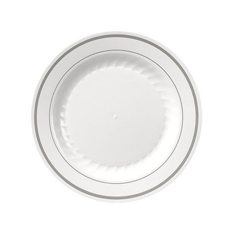 MASTERPIECE 10.25 WHITE PLASTIC PLATES WITH SILVER BANDS