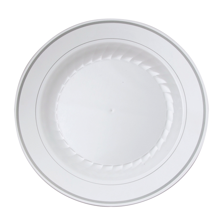 MASTERPIECE 10.25 WHITE PLASTIC PLATES WITH SILVER BANDS