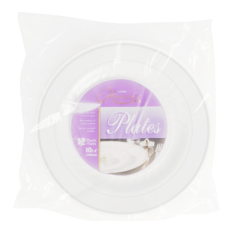MASTERPIECE 10.25 WHITE PLASTIC PLATES WITH SILVER BANDS
