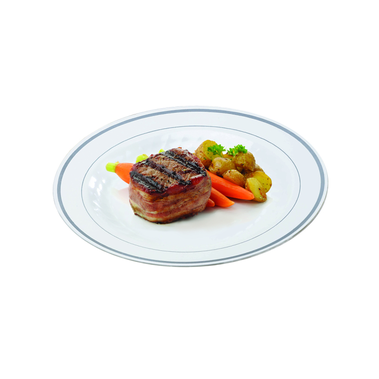 MASTERPIECE 10.25 WHITE PLASTIC PLATES WITH SILVER BANDS
