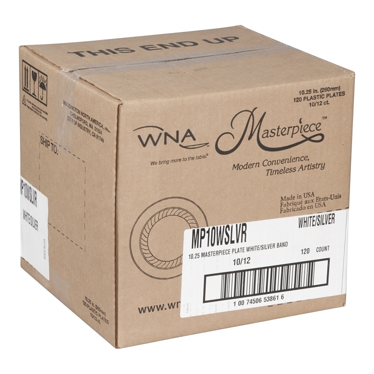 MASTERPIECE 10.25 WHITE PLASTIC PLATES WITH SILVER BANDS
