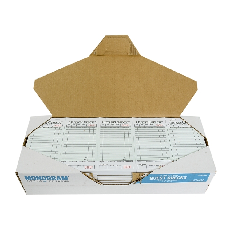 Monogram Guest Check 1 Part Board 35x675 15 Line Green Paper - US Foods ...