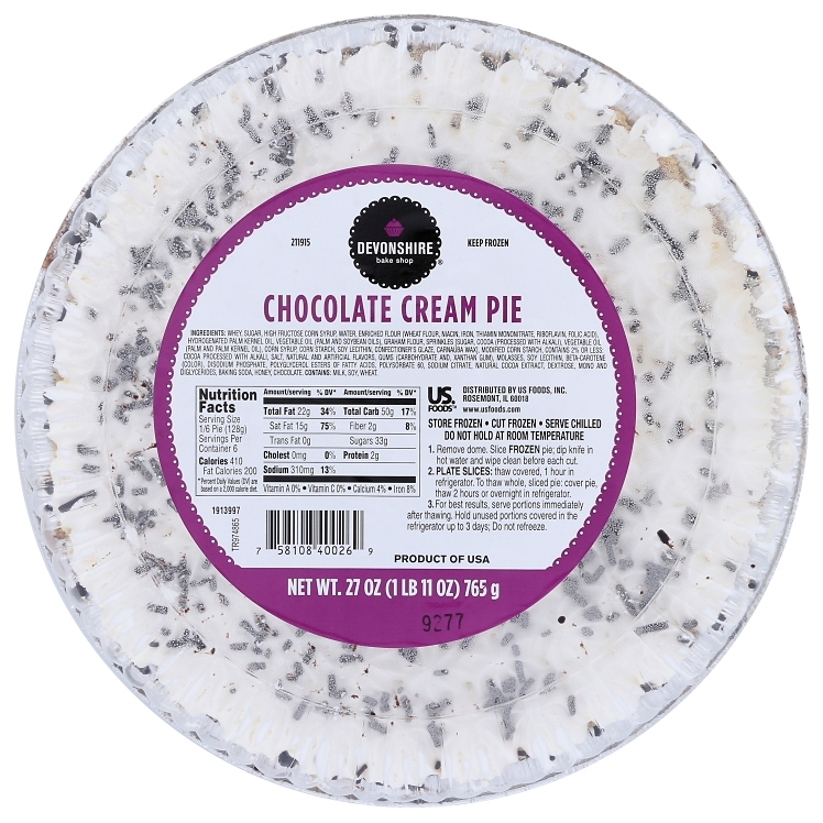 DEVONSHIRE CHOCOLATE CREAM PIE 10 INCHES THAW & SERVE