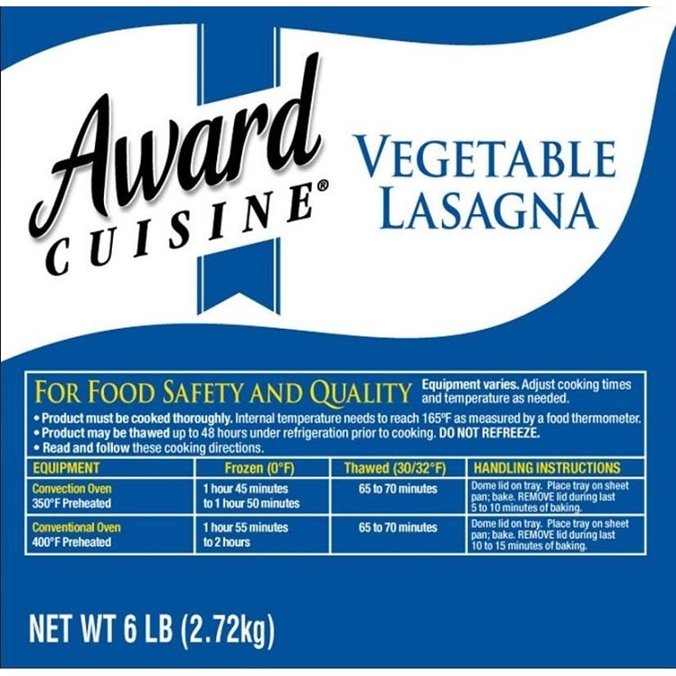AWARD CUISINE VEGETABLE LASAGNA COOKED TRAY FROZEN 4/96 OZ