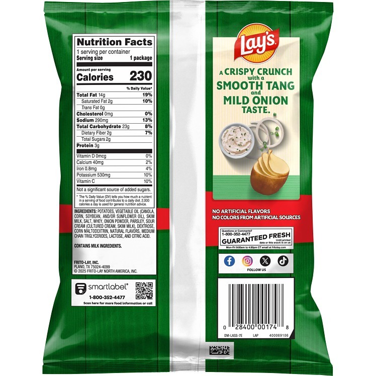 FRITO LAY LAY'S SOUR CREAM AND ONION POTATO CHIPS