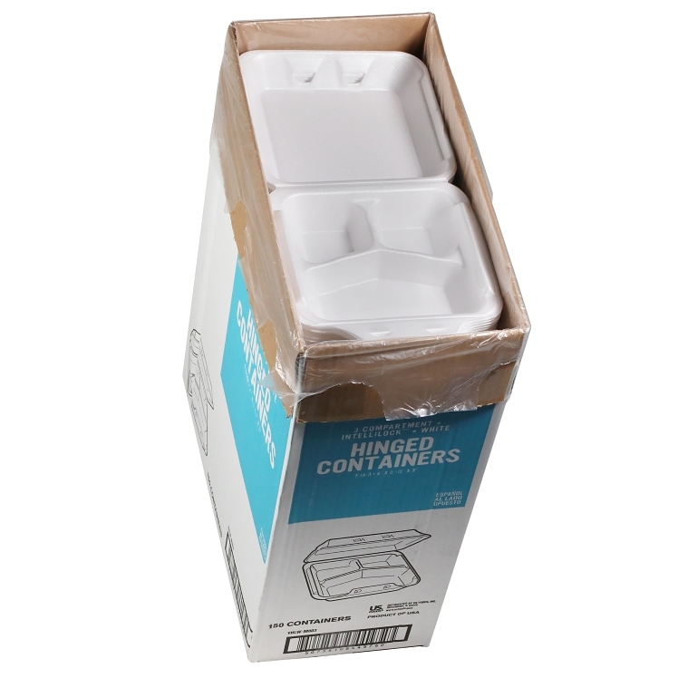 MONOGRAM 3 COMPARTMENT WHITE FOAM HINGED CONTAINERS 8 X 8.5 X 3 IN