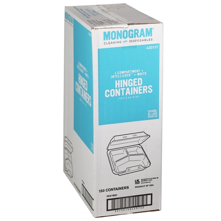 MONOGRAM 3 COMPARTMENT WHITE FOAM HINGED CONTAINERS 8 X 8.5 X 3 IN