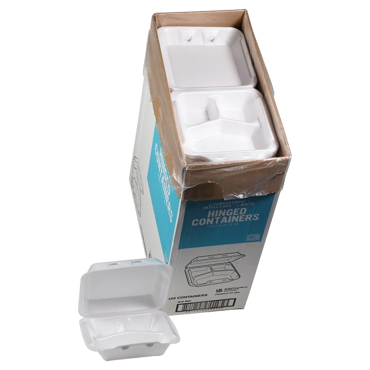 MONOGRAM 3 COMPARTMENT WHITE FOAM HINGED CONTAINERS 8 X 8.5 X 3 IN