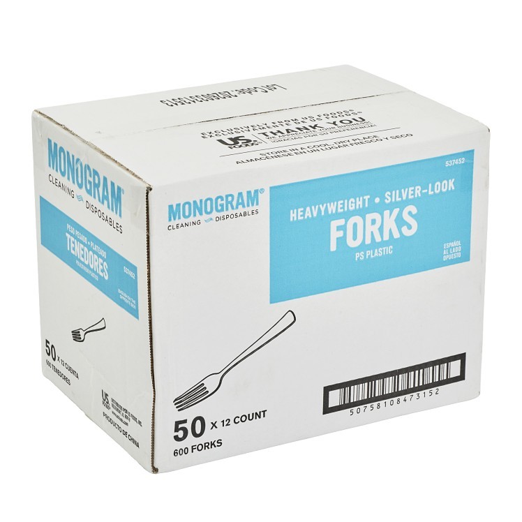 MONOGRAM FORK, HEAVYWEIGHT SILVER POLYPROPYLENE BULK PLASTIC