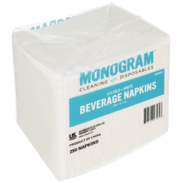 MONOGRAM 10X10 2 PLY WHITE BEVERAGE NAPKIN