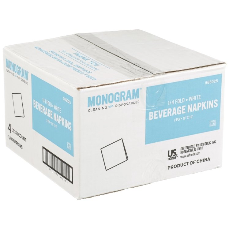MONOGRAM 10X10 2 PLY WHITE BEVERAGE NAPKIN