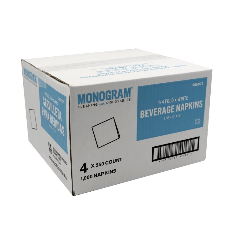 MONOGRAM 10X10 2 PLY WHITE BEVERAGE NAPKIN