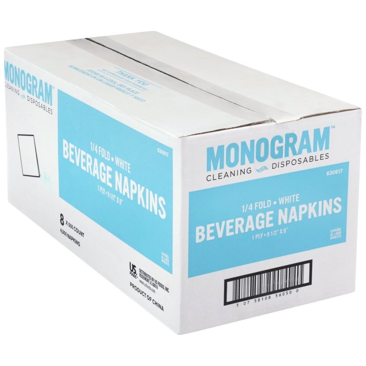 MONOGRAM WHITE BEVERAGE NAPKIN 8.98X9.46