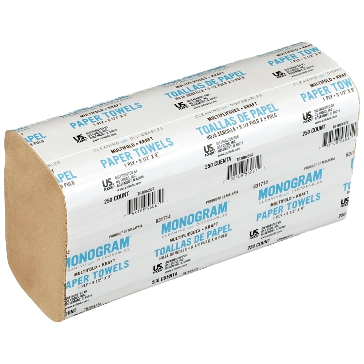 MONOGRAM BROWN MULTIFOLD PAPER TOWELS, 1 PLY, 9.5 X 9