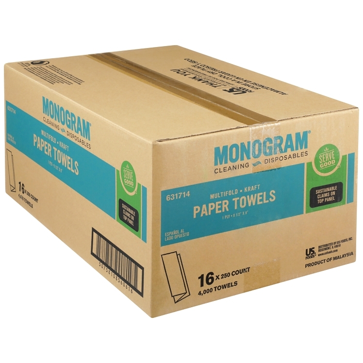 MONOGRAM BROWN MULTIFOLD PAPER TOWELS, 1 PLY, 9.5 X 9