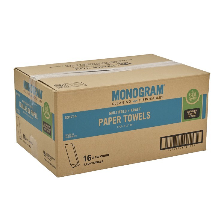 MONOGRAM BROWN MULTIFOLD PAPER TOWELS, 1 PLY, 9.5 X 9