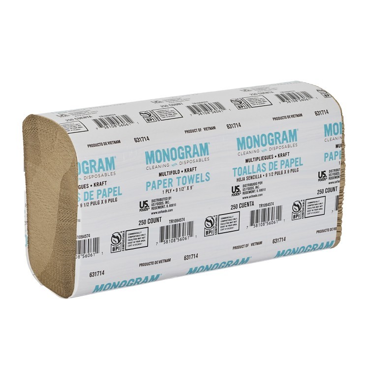 MONOGRAM BROWN MULTIFOLD PAPER TOWELS, 1 PLY, 9.5 X 9