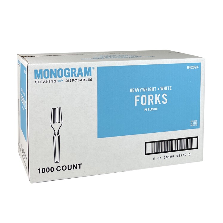 MONOGRAM HEAVY WEIGHT WHITE POLYSTYRENE PLASTIC FORKS