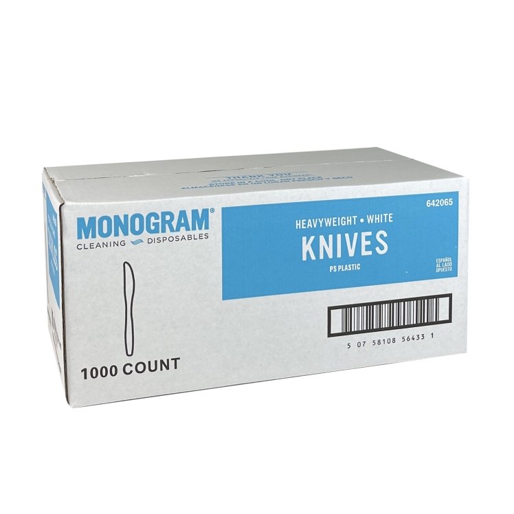 MONOGRAM HEAVY WEIGHT WHITE POLYSTYRENE PLASTIC KNIVES