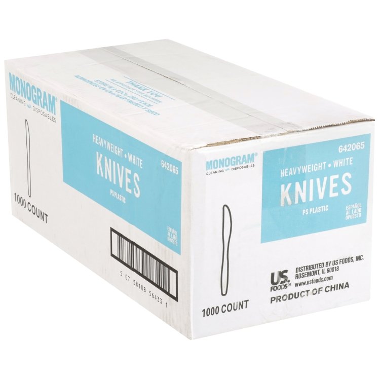 MONOGRAM HEAVY WEIGHT WHITE POLYSTYRENE PLASTIC KNIVES