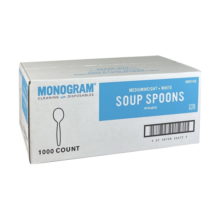 MONOGRAM SPOON SOUP MEDIUM WEIGHT WHITE POLYPROPYLENE BULK