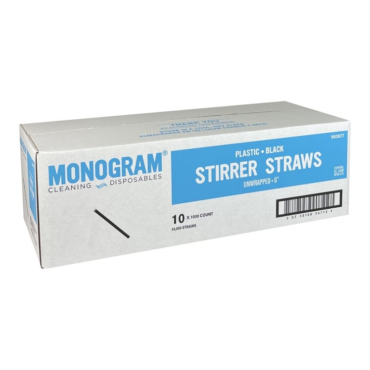 MONOGRAM 6 INCH PLASTIC BLACK STIRRER STRAWS