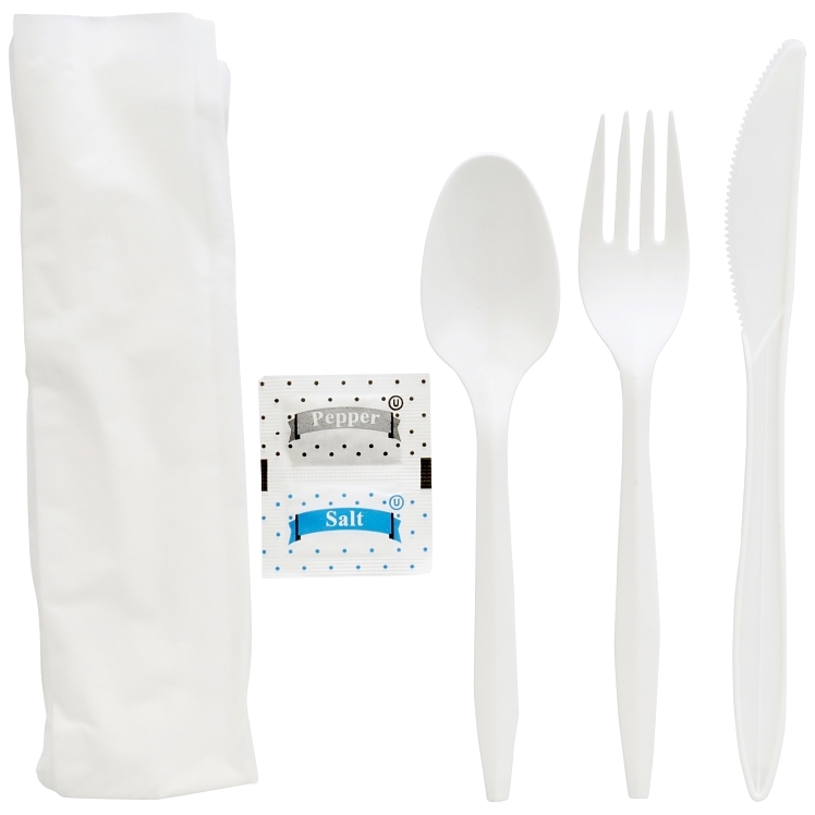 MONOGRAM CUTLERY KIT MEDIUM WEIGHT WHITE WITH SALT PEPPER KNIFE FORK SPOON NAPKIN